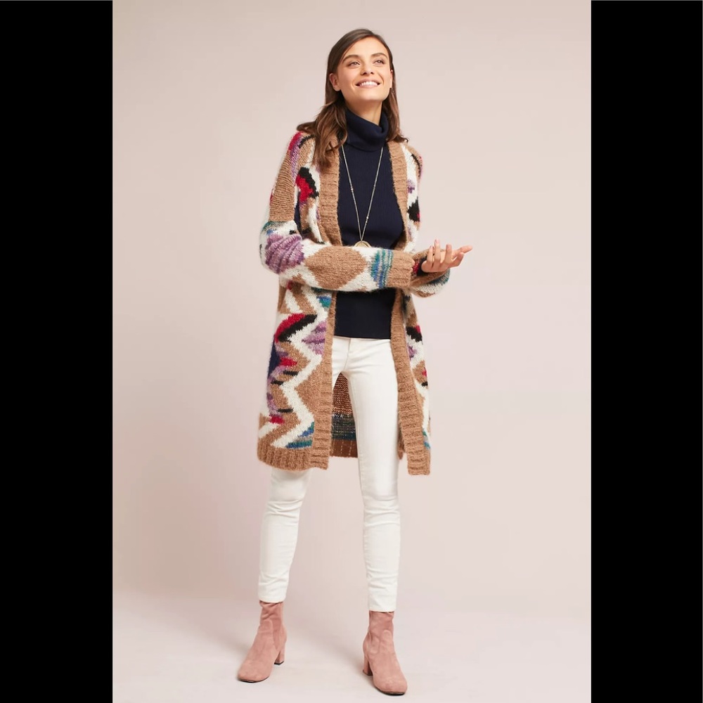 Anthropologie Hand Knit Mosaic Cardigan ❤️🖤🤎 - Picture 3 of 9